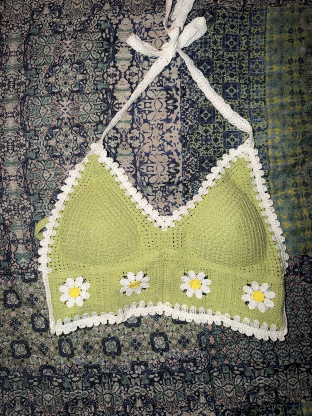 Green Crochet Daisy Bralette built in bra pad- never worn